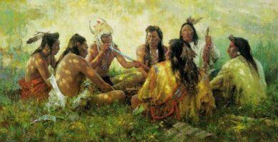 Indios Sioux fumando la pipa de la paz